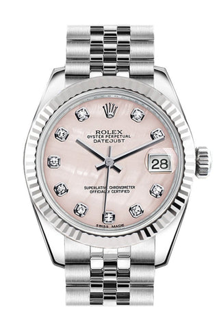 Rolex Datejust 31 Pink Mother Of Pearl Set Diamonds Dial White Gold Fluted Bezel Jubilee Ladies