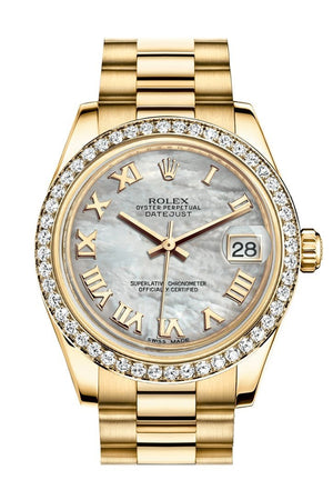 Rolex Datejust 31 White Mother Of Pearl Roman Dial Diamond Bezel 18K Yellow Gold President Ladies