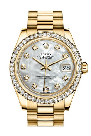 Rolex Datejust 31 White Mother Of Pearl Dia Dial Diamond Bezel 18K Yellow Gold President Ladies