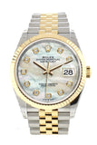 Rolex Datejust 36 White mother-of-pearl set with diamonds Dial Fluted Bezel Jubilee Yellow Gold Two Tone Watch 126233 NP