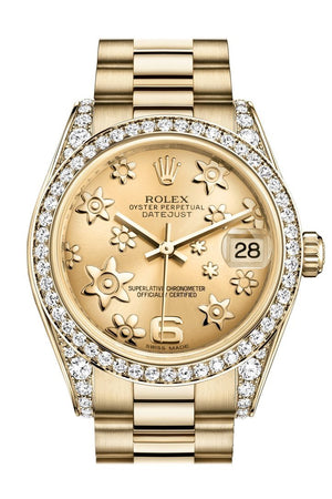 Rolex Datejust 31 Champagne Floral Motif Dial Diamond Bezel Lug 18K Yellow Gold President Ladies