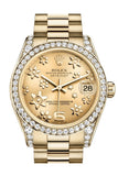 Rolex Datejust 31 Champagne Floral Motif Dial Diamond Bezel Lug 18K Yellow Gold President Ladies Watch 178158