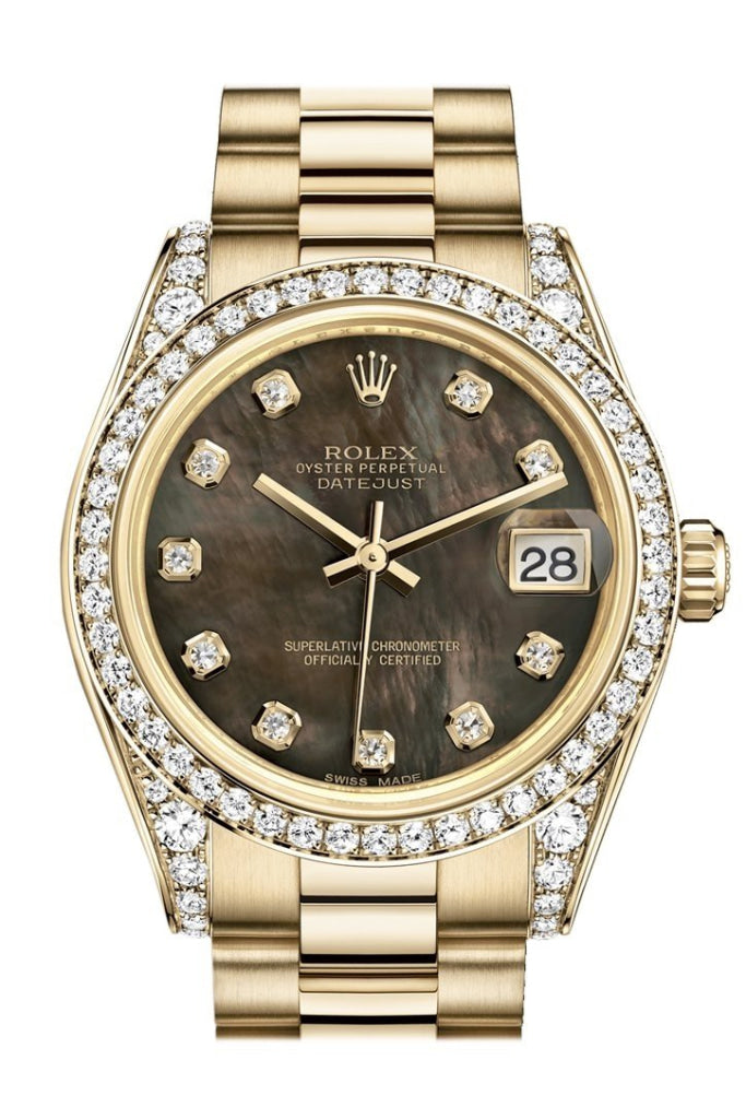 Rolex Datejust 31 Black Mother Of Pearl Diamond Dial Bezel Lug 18K Yellow Gold President Ladies