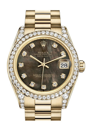 Rolex Datejust 31 Black Mother Of Pearl Diamond Dial Bezel Lug 18K Yellow Gold President Ladies