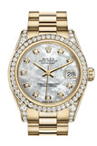 Rolex Datejust 31 White Mother of Pearl Dia Dial Diamond Bezel Lug 18K Yellow Gold President Ladies Watch 178158