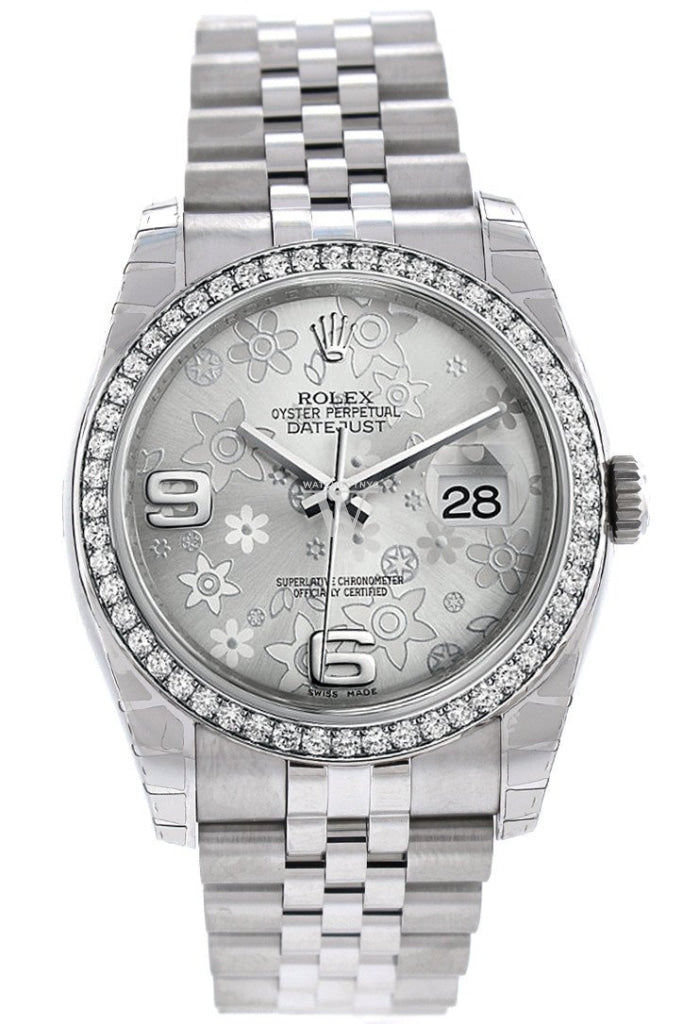 Rolex Datejust 36 Silver Floral Motif Dial 18K White Gold Diamond Bezel Jubilee Mens Watch 116244