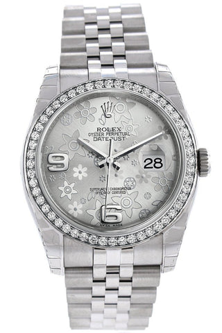 Rolex Datejust 36 Silver Floral Motif Dial 18K White Gold Diamond Bezel Jubilee Mens Watch 116244