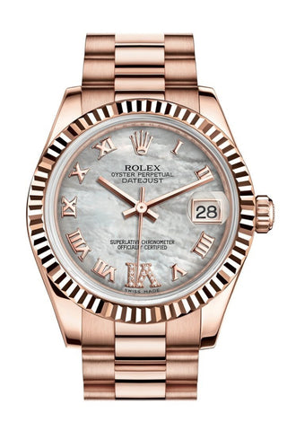 Rolex Datejust 31 White Mother Of Pearl Roman Large Vi Diamond Dial Fluted Bezel 18K Everose Gold