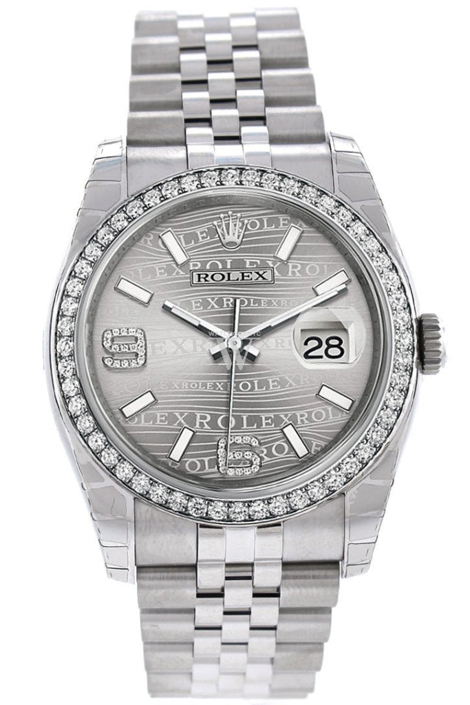 Rolex Datejust 36 Rhodium Waves Diamond Dial 18K White Gold Bezel Jubilee Mens Watch 116244