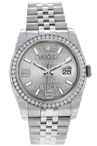 Rolex Datejust 36 Rhodium Waves Diamond Dial 18K White Gold Bezel Jubilee Mens Watch 116244