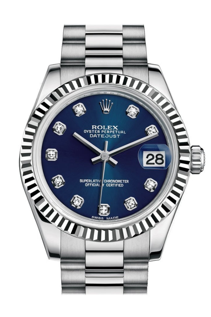 Rolex Datejust 31 Blue Diamond Dial Fluted Bezel 18K White Gold President Ladies Watch 178279 / None