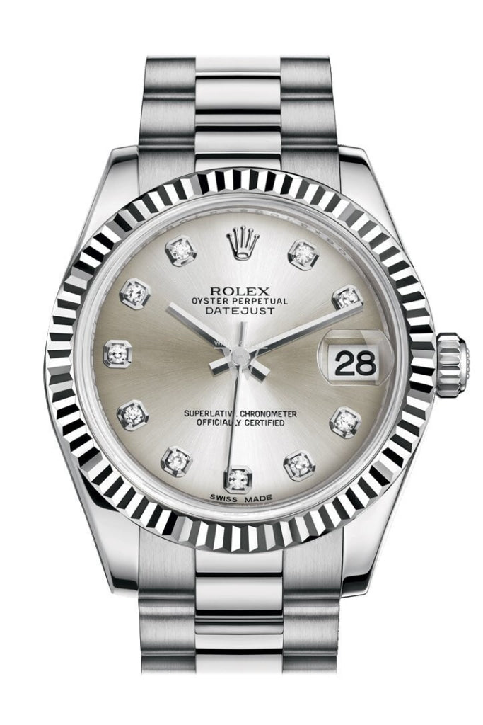 Rolex Datejust 31 Silver Diamond Dial Fluted Bezel 18K White Gold President Ladies Watch 178279 /