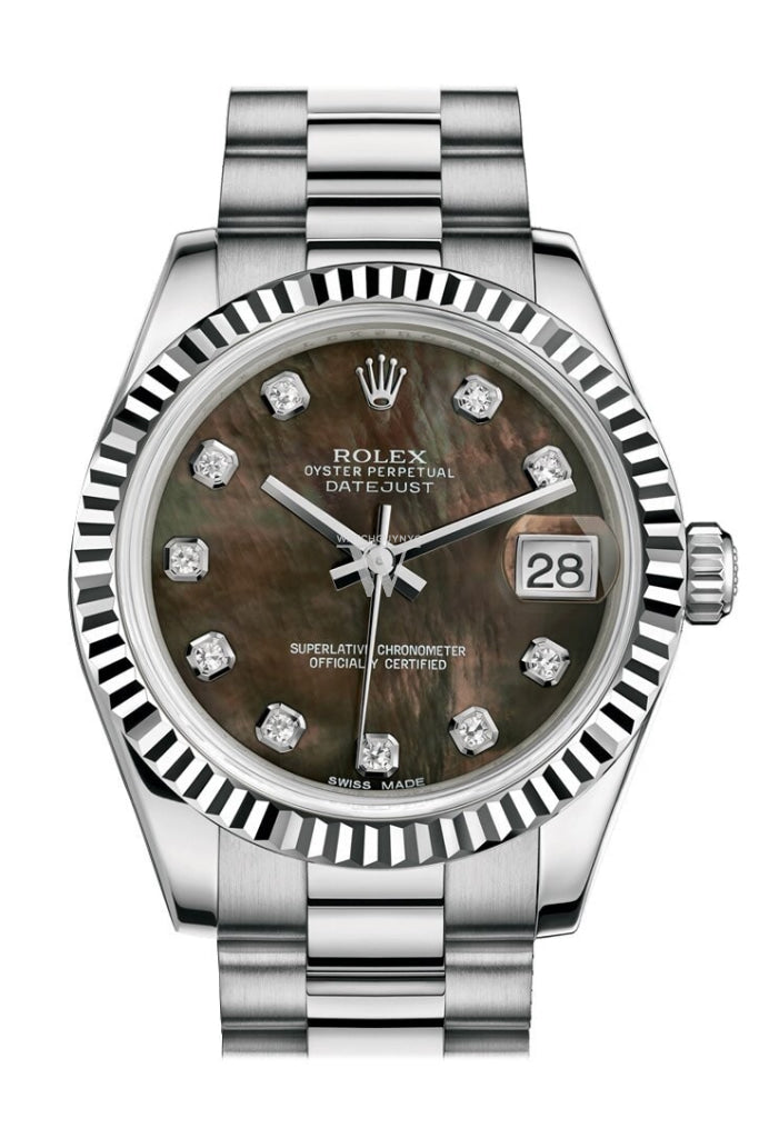 Rolex Datejust 31 Black Mother-Of-Pearl Diamond Dial Fluted Bezel 18K White Gold President Ladies