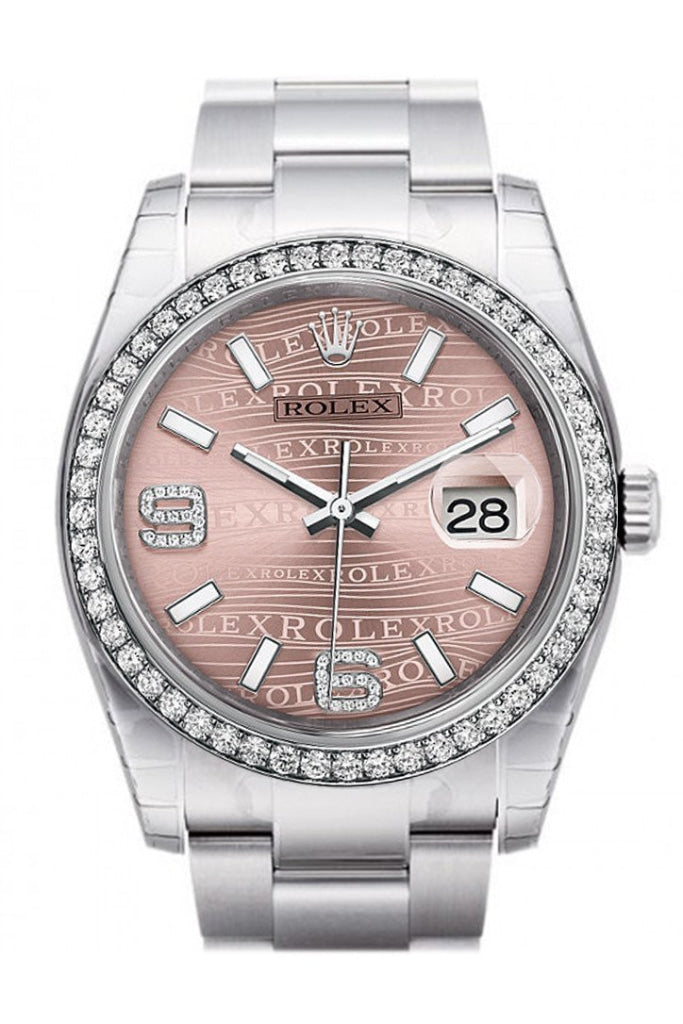 Rolex Datejust 36 Pink Waves Set With Diamonds Dial 18K White Gold Diamond Bezel Mens Watch 116244 /