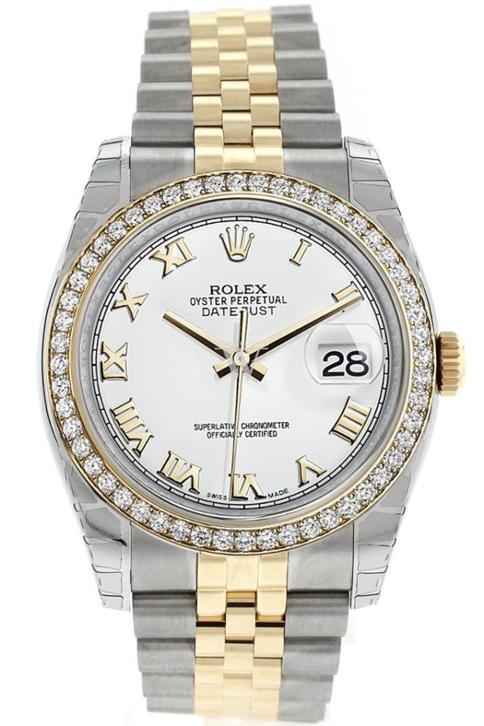 Rolex Datejust 36 White Roman Dial 18K Gold Diamond Bezel Jubilee Ladies Watch 116243