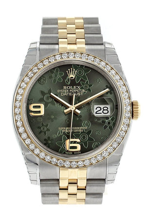 Rolex Datejust 36 Green Floral Motif Dial 18K White Gold Diamond Bezel Jubilee Ladies Watch 116243