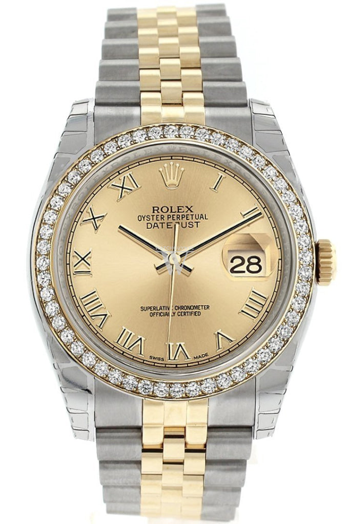 Rolex Datejust 36 Champagne Roman Dial 18K White Gold Diamond Bezel Jubilee Ladies Watch 116243