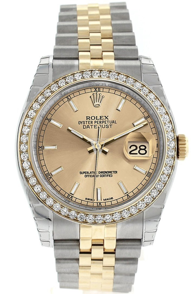 Rolex Datejust 36 Champagne Index Dial 18K White Gold Diamond Bezel Jubilee Ladies Watch 116243