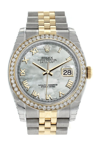 Rolex Datejust 36 White Mother-Of-Pearl Dial 18K Gold Diamond Bezel Jubilee Ladies Watch 116243