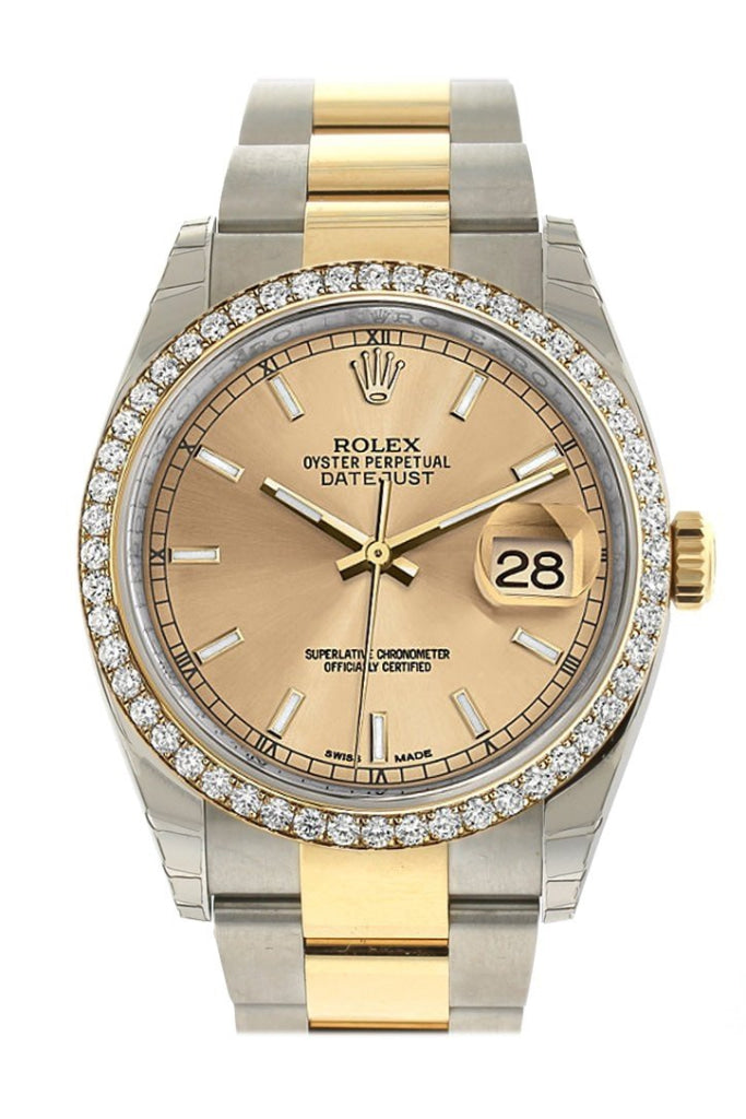 Rolex Datejust 36 Champagne Dial 18K Gold Diamond Bezel Ladies Watch 116243