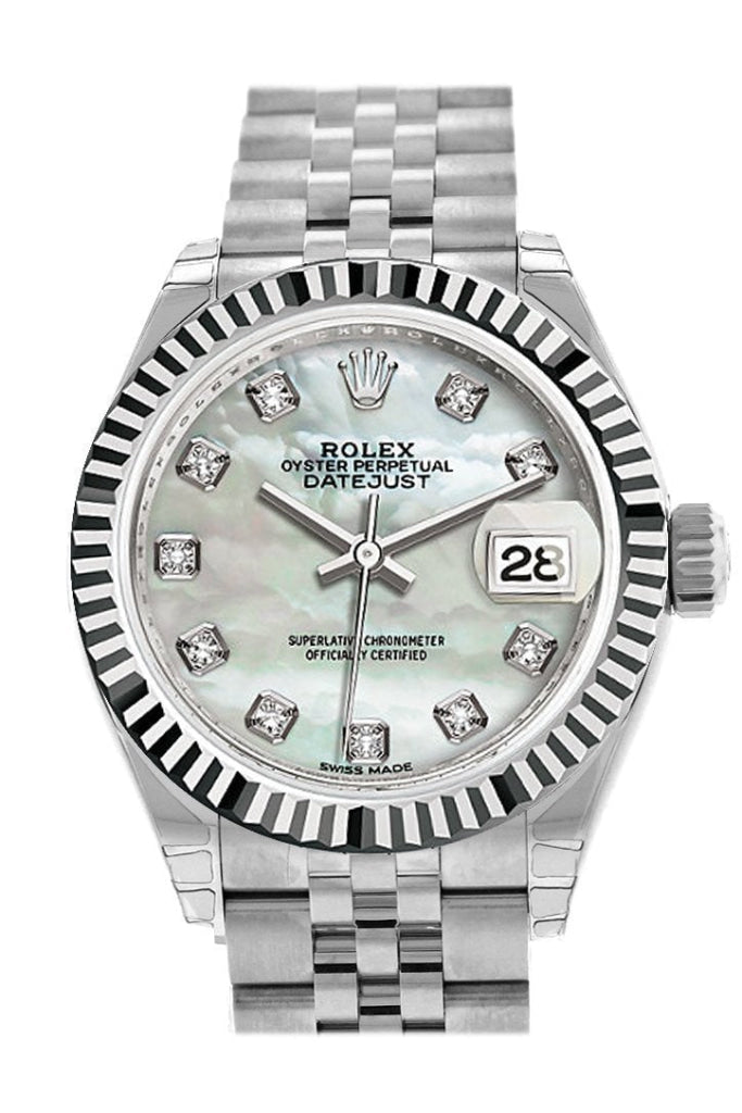 Rolex Datejust 28 Pearl Set With Diamonds Dial Fluted Bezel Steel Jubilee Ladies Watch 279174