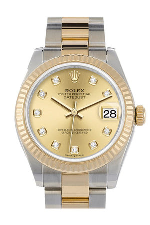 Rolex Datejust 31 Champagne Diamond Dial Fluted Bezel 18K Yellow Gold Two Tone Watch 278273