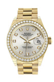 Rolex Datejust 28 Silver Diamond Dial Diamond Bezel President Ladies Watch 279138RBR NP