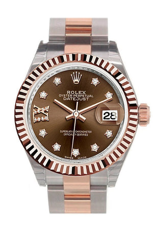 Rolex Datejust 28 Chocolate 9 Diamonds Set In Star Dial Fluted Bezel Oyster Ladies Watch 279171
