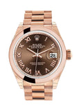 Rolex Datejust 28 Chocolate Roman Dial Rose Gold President Ladies Watch 279165 NP