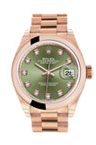 Rolex Datejust 28 Olive Green Diamond Dial Rose Gold President Ladies Watch 279165 NP