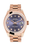 Rolex Datejust 28 Aubergine Diamond Dial Rose Gold President Ladies Watch 279165 NP