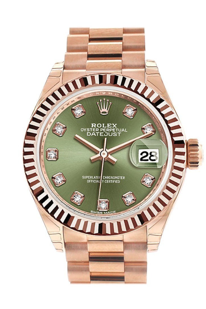 Rolex Datejust 28 Olive Green Diamond Dial Fluted Bezel Rose Gold President Ladies Watch 279175 /