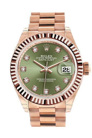 Rolex Datejust 28 Olive Green Diamond Dial Fluted Bezel Rose Gold President Ladies Watch 279175 /