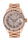 Rolex Datejust 28 Pave Diamond Dial Fluted Bezel Rose Gold President Ladies Watch 279165 NP