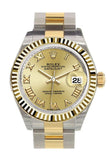 Rolex Datejust 28 Champagne Roman Dial Fluted Yellow Gold Two Tone Ladies Watch 279173