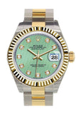 Rolex Datejust 28 Mint Green Diamond Dial Fluted Yellow Gold Two Tone Ladies Watch 279173