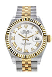 Rolex Datejust 28 White Roman Dial Fluted Yellow Gold Two Tone Jubilee Ladies Watch 279173