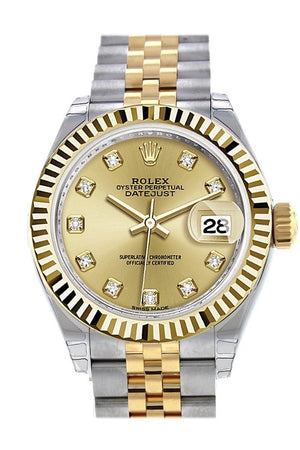 Rolex Datejust 28 Champagne Diamond Dial Fluted Yellow Gold Two Tone Jubilee Ladies Watch 279173 /