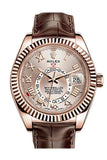 Rolex Sky Dweller Sundust Dial 18k Rose Gold Brown Leather Strap Men's Watch 326135