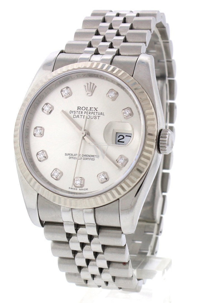 Rolex Datejust 36 Silver Diamond Dial 18K White Gold Bezel Watches 116234 Pre-Owned-Watches