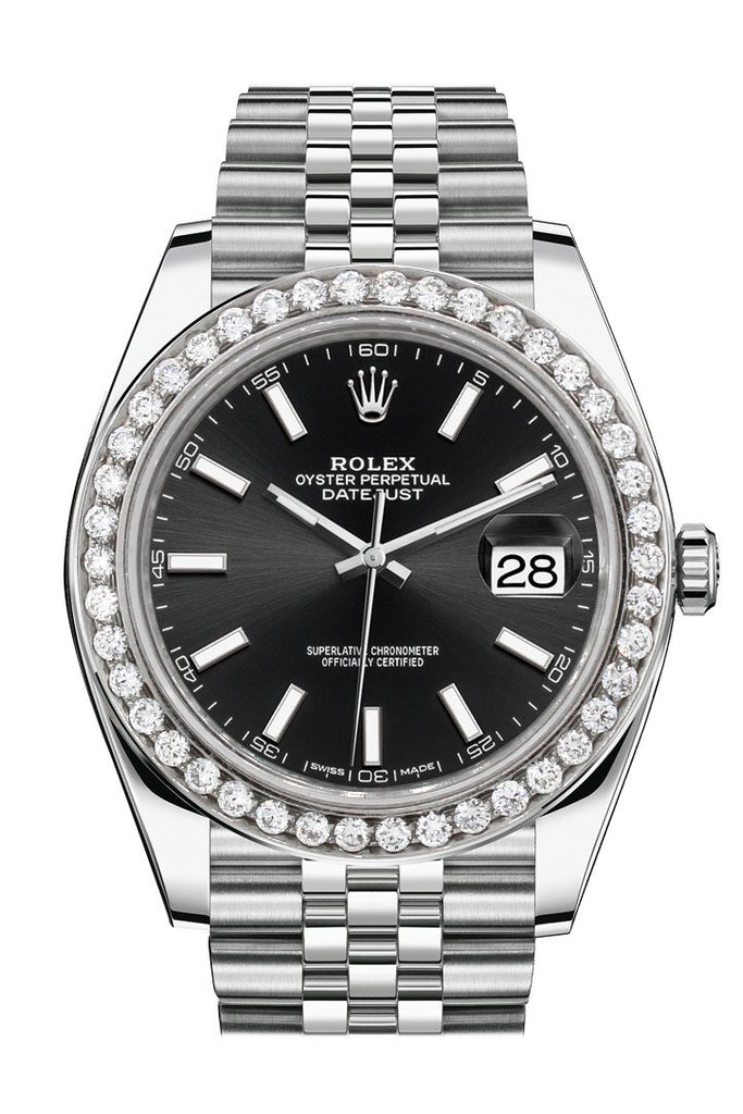 Rolex Custom Diamond Bezel Datejust 41Mm Black Dial Steel Jubilee Mens Watch 126300 / Si None