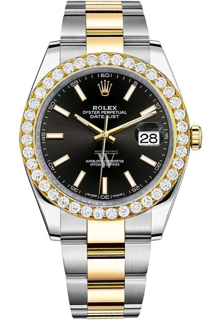 Rolex Custom Diamond Bezel Datejust 41Mm Black Dial Two Tone Oyster Mens Watch 126333 / Si None