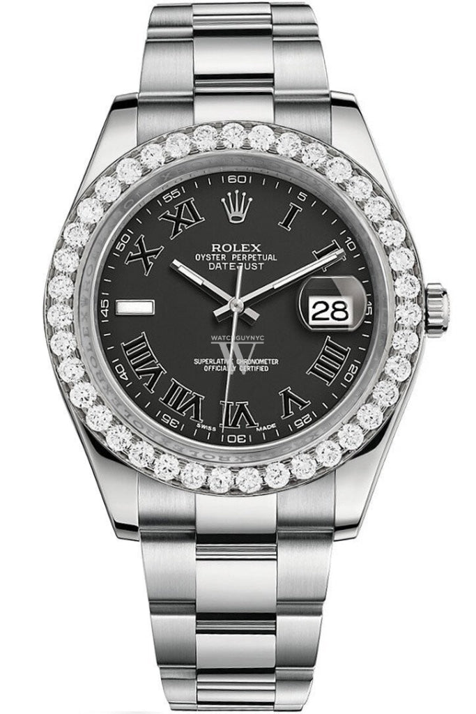 Rolex Custom Diamond Bezel Datejust 41Mm Black Roman Dial Steel Oyster Mens Watch 116300 / Si None