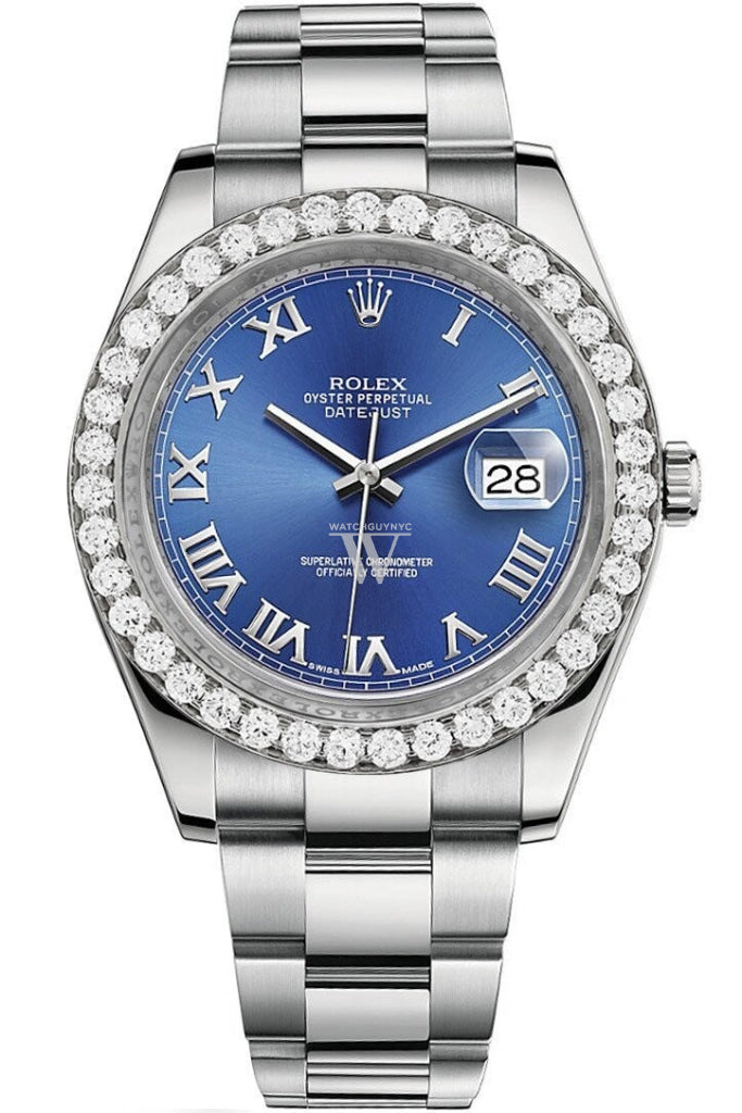 Rolex Custom Diamond Bezel Datejust 41Mm Blue Azzurro Dial Steel Oyster Mens Watch 116300 / Si None