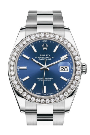 Rolex Custom Diamond Bezel Datejust 41Mm Blue Dial Steel Oyster Mens Watch 126300 / Si None