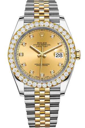 Rolex Custom Diamond Bezel Datejust 41Mm Champagne Set With Dial Two Tone Jubilee Mens Watch 126333