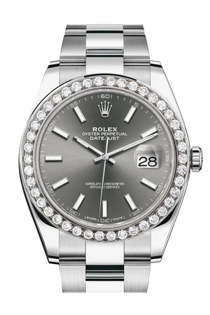 Rolex Custom Diamond Bezel Datejust 41Mm Dark Rhodium Dial Steel Oyster Mens Watch 126300 / Si None