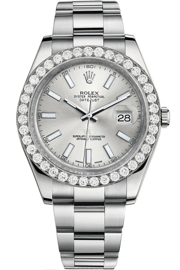 Rolex Custom Diamond Bezel Datejust 41Mm Silver Dial Steel Oyster Mens Watch 116300 / Si None