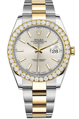 Rolex Custom Diamond Bezel Datejust 41Mm Silver Dial Two Tone Oyster Mens Watch 126333 / Si None