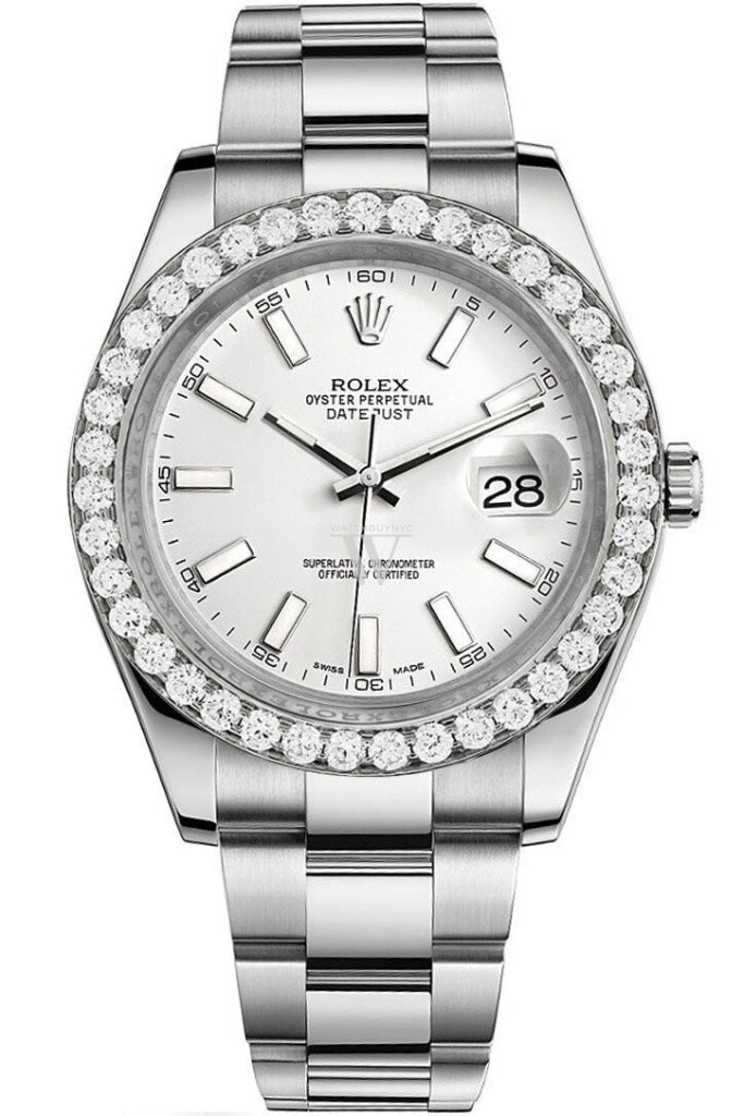 Rolex Custom Diamond Bezel Datejust 41Mm White Dial Steel Oyster Mens Watch 116300 / Si None